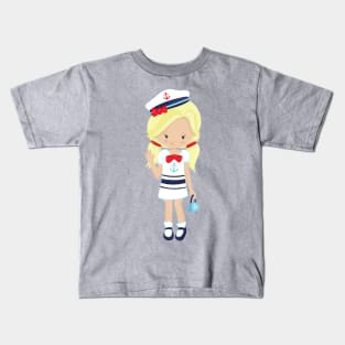 Boat Captain, Skipper, Cute Girl, Blonde Hair Kids T-Shirt